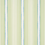 Moncorvo wallpaper in green and blue by Schumacher, featuring vertical stripes and geometric accents, styled in a modern interior setting.