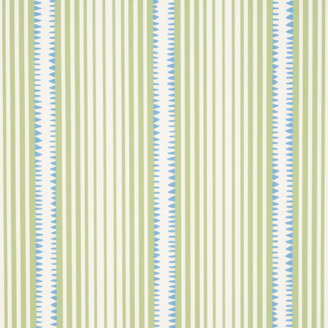 Moncorvo wallpaper in green and blue by Schumacher, featuring vertical stripes and geometric accents, styled in a modern interior setting.
