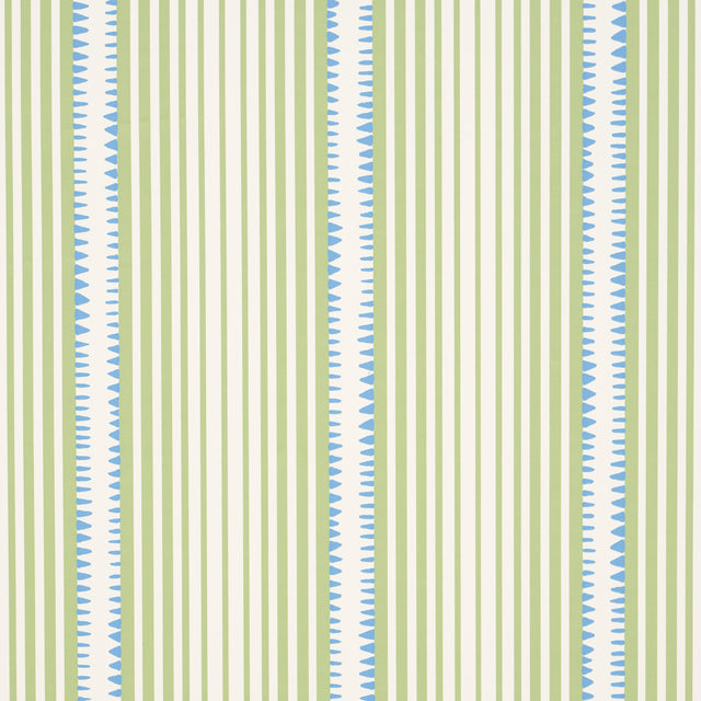 Moncorvo wallpaper in green and blue by Schumacher, featuring vertical stripes and geometric accents, styled in a modern interior setting.