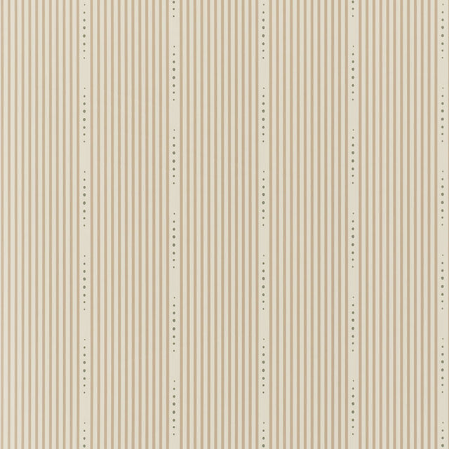 OPUS wallpaper in Vintage by David Oliver for Schumacher, understated hand-drawn stripe with dotted accents, shown in a styled interior and pattern close-up.