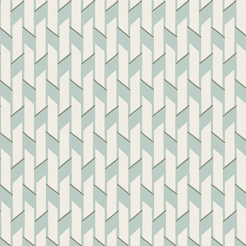 Empire Blue Charm wallpaper by Schumacher, designed by David Oliver, featuring a smart stripe and basketweave pattern in blue and white.