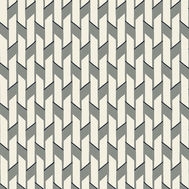Empire wallpaper in Wolf by Schumacher, designed by David Oliver, featuring a smart, stylish spin on stripe and basketweave patterns in grey and off-white.