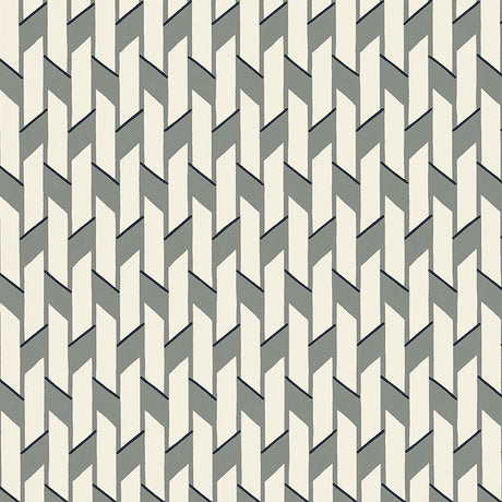 Empire wallpaper in Wolf by Schumacher, designed by David Oliver, featuring a smart, stylish spin on stripe and basketweave patterns in grey and off-white.