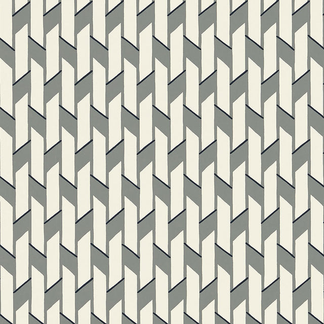 Empire wallpaper in Wolf by Schumacher, designed by David Oliver, featuring a smart, stylish spin on stripe and basketweave patterns in grey and off-white.