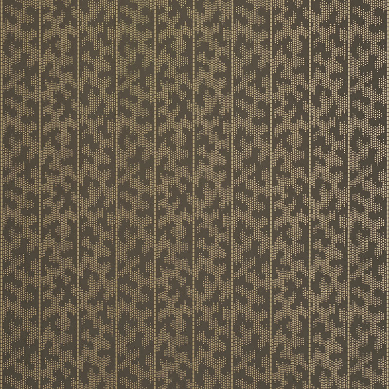 Montpellier Bronze Gilt wallpaper by Schumacher featuring a metallic geometric pattern in a bathroom setting.