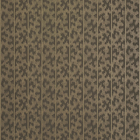 Montpellier Bronze Gilt wallpaper by Schumacher featuring a metallic geometric pattern in a bathroom setting.