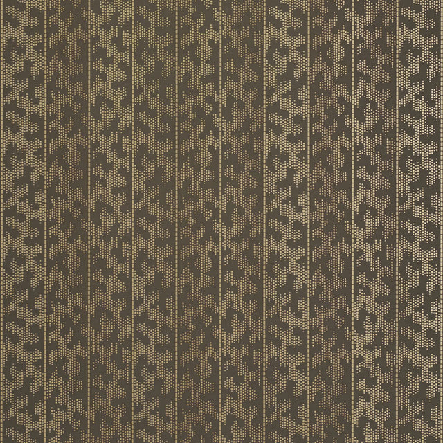 Montpellier Bronze Gilt wallpaper by Schumacher featuring a metallic geometric pattern in a bathroom setting.