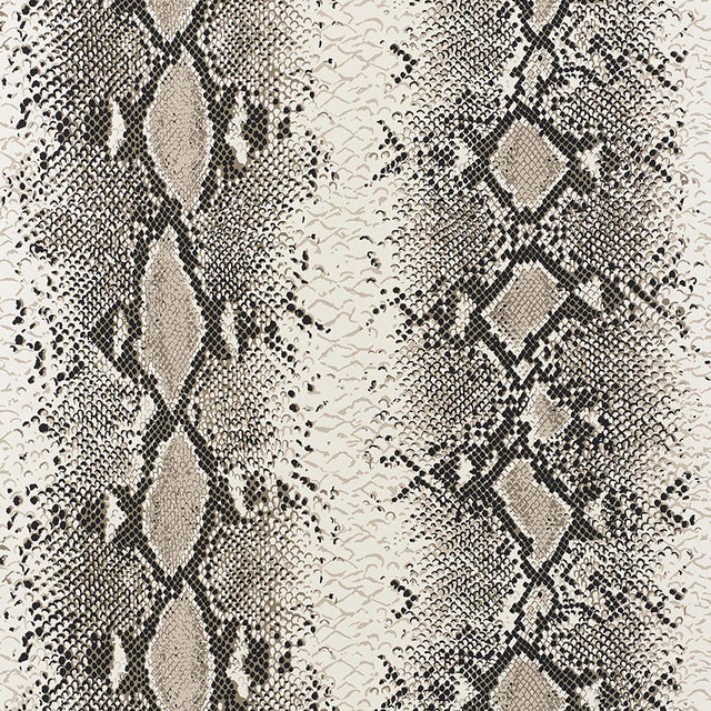 Snake Charmer Cinder animal print wallpaper by Schumacher shown in interior and close-up views