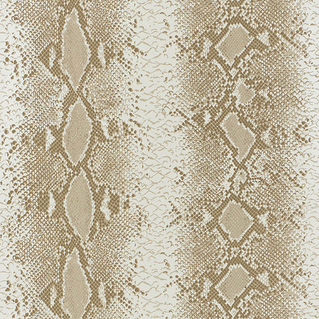 Snake Charmer Sand animal print wallpaper by Schumacher shown in detail and installed in a modern interior stairway.