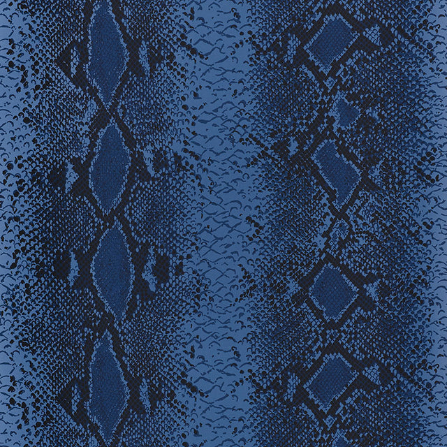 Snake Charmer Cobalt animal print wallpaper by Schumacher, shown in a close-up and installed in a modern interior.