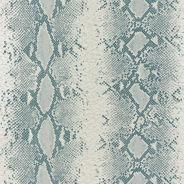 Snake Charmer Mineral animal print wallpaper by Schumacher, shown in a modern interior setting with a bold snakeskin pattern.