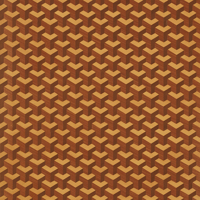 Angolo Hand Painted Marquetry wallpaper in Maple by Schumacher, geometric wood marquetry pattern