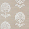 Ottoman Flower Sisal wallpaper in Fog by Schumacher, featuring Turkish floral motifs in a neutral colorway, shown in a styled interior and close-up.