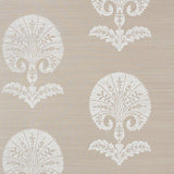 Ottoman Flower Sisal wallpaper in Fog by Schumacher, featuring Turkish floral motifs in a neutral colorway, shown in a styled interior and close-up.