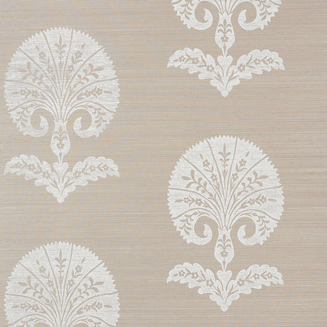 Ottoman Flower Sisal wallpaper in Fog by Schumacher, featuring Turkish floral motifs in a neutral colorway, shown in a styled interior and close-up.