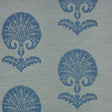 Ottoman Flower Sisal wallpaper in Mineral blue, featuring Turkish floral motifs on a textured background, installed in a bathroom setting.