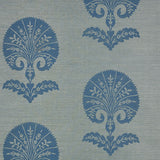 Ottoman Flower Sisal wallpaper in Mineral blue, featuring Turkish floral motifs on a textured background, installed in a bathroom setting.