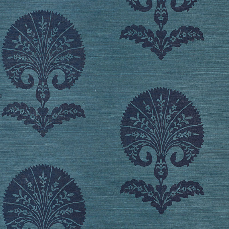 Ottoman Flower Sisal wallpaper in Peacock blue with Turkish floral motifs, Schumacher Shangri-La Collection