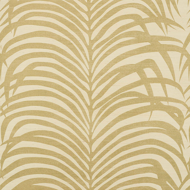 Zebra Palm Sisal wallpaper in gold on ivory with a bold palm and zebra stripe pattern by Schumacher.