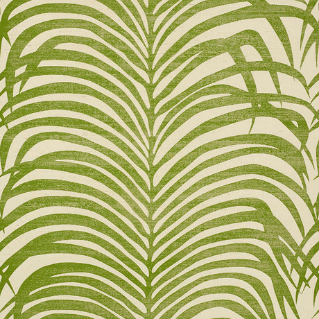 Zebra Palm Sisal wallpaper in green, featuring a bold hand-screened pattern reminiscent of zebra stripes and tropical palm leaves.