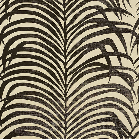 Zebra Palm Sisal wallpaper in black on ivory with bold zebra stripe and palm leaf pattern by Schumacher.