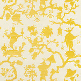 Shantung Silhouette Sisal wallpaper in yellow by Schumacher, featuring modern chinoiserie motifs in a whimsical silhouette pattern.