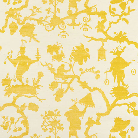 Shantung Silhouette Sisal wallpaper in yellow by Schumacher, featuring modern chinoiserie motifs in a whimsical silhouette pattern.