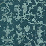 Shantung Silhouette Sisal wallpaper in Peacock by Schumacher features modern chinoiserie motifs in a whimsical silhouette pattern.
