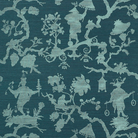 Shantung Silhouette Sisal wallpaper in Peacock by Schumacher features modern chinoiserie motifs in a whimsical silhouette pattern.