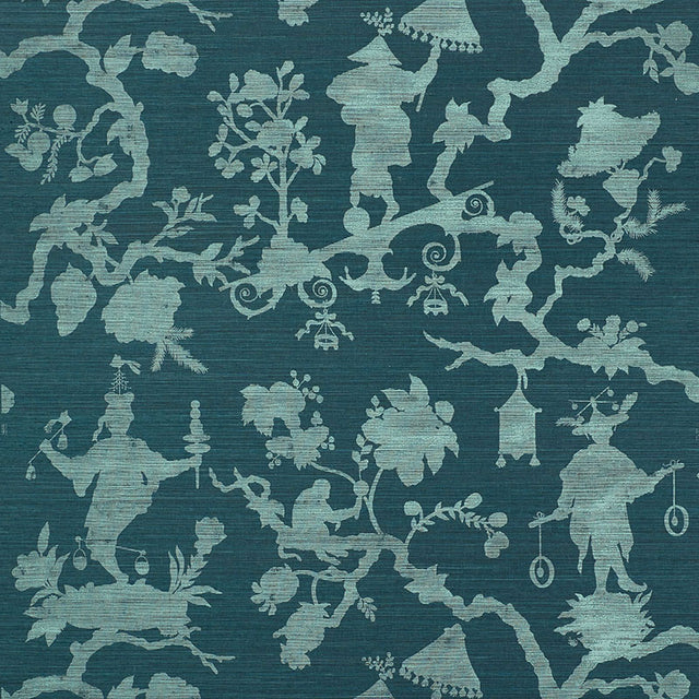 Shantung Silhouette Sisal wallpaper in Peacock by Schumacher features modern chinoiserie motifs in a whimsical silhouette pattern.