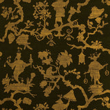 Shantung Silhouette Sisal wallpaper in gold on jet, featuring modern chinoiserie motifs in a graphic silhouette pattern by Schumacher.