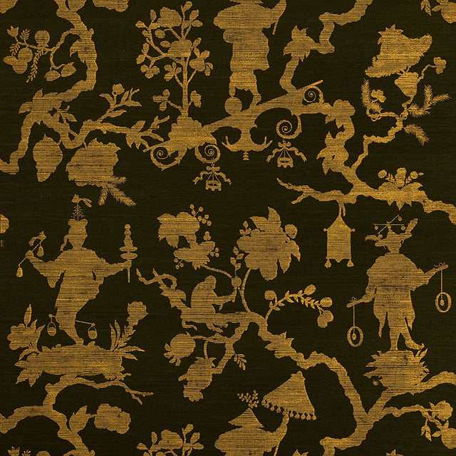 Shantung Silhouette Sisal wallpaper in gold on jet, featuring modern chinoiserie motifs in a graphic silhouette pattern by Schumacher.
