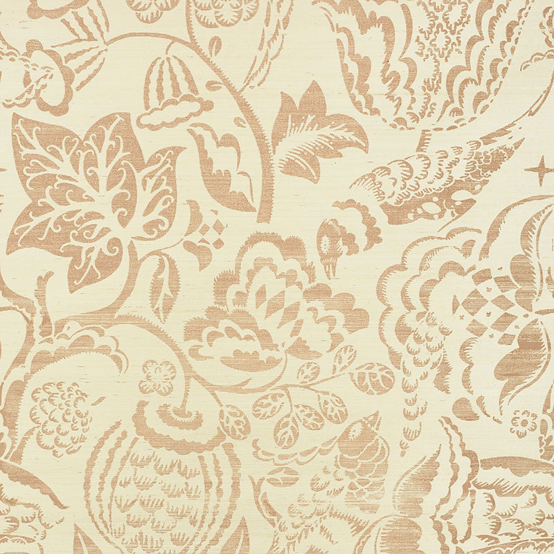 UCCELLO SISAL blush botanical wallpaper with painterly floral and bird motifs by Schumacher