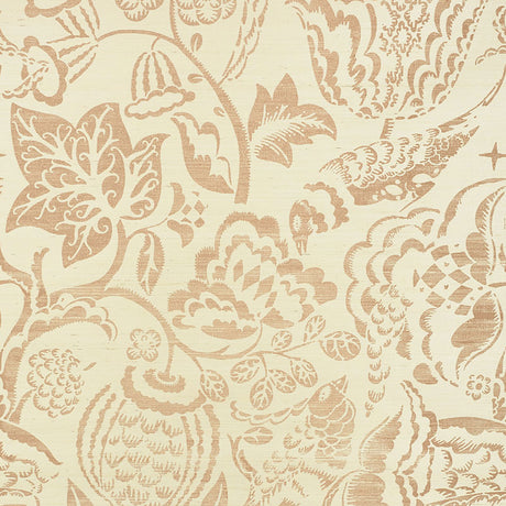 UCCELLO SISAL blush botanical wallpaper with painterly floral and bird motifs by Schumacher