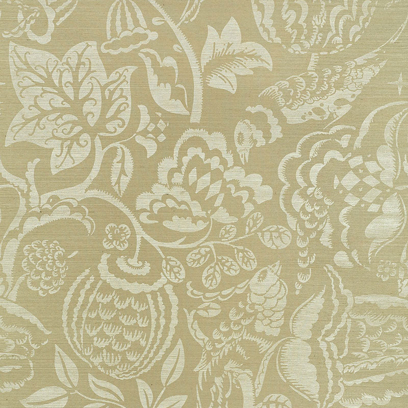 UCCELLO SISAL botanical wallpaper in sage by Schumacher, allover painterly pattern with romantic vibe