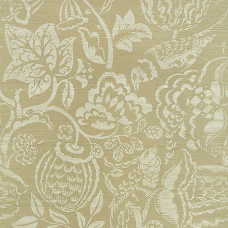 UCCELLO SISAL botanical wallpaper in sage by Schumacher, allover painterly pattern with romantic vibe