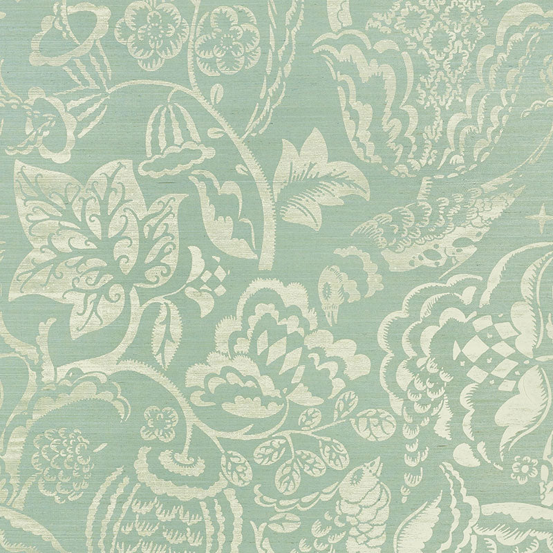 UCCELLO SISAL in Sky, a botanical wallpaper with painterly floral and bird motifs by Schumacher.