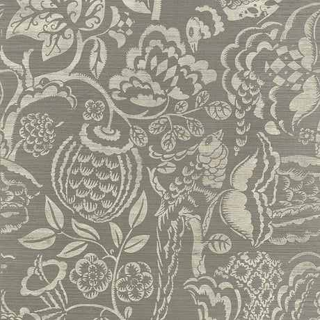 Uccello Sisal botanical grey wallpaper with painterly floral and bird pattern by Schumacher