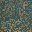 UCCELLO SISAL wallpaper in gold on peacock, featuring a painterly botanical pattern with a lush, romantic vibe.