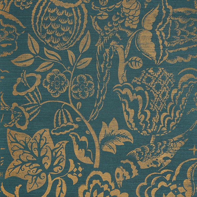 UCCELLO SISAL wallpaper in gold on peacock, featuring a painterly botanical pattern with a lush, romantic vibe.