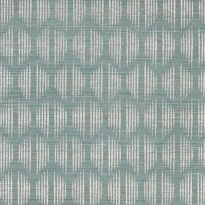 Ovington Sisal wallpaper in Mineral by Schumacher, a modern ikat pattern wallcovering designed by David Oliver, shown in a styled bathroom interior.
