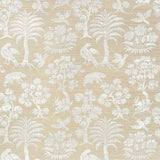 Woodland Silhouette Sisal wallpaper in Fog by Schumacher, featuring a hand-screened botanical and animal pattern in a neutral colorway.