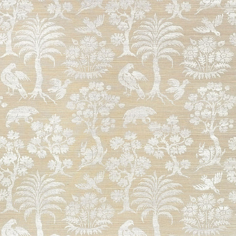 Woodland Silhouette Sisal wallpaper in Fog by Schumacher, featuring a hand-screened botanical and animal pattern in a neutral colorway.