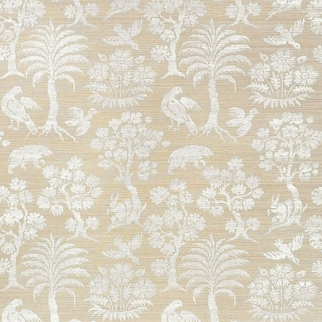 Woodland Silhouette Sisal wallpaper in Fog by Schumacher, featuring a hand-screened botanical and animal pattern in a neutral colorway.
