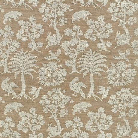 Woodland Silhouette Sisal wallpaper in mocha, featuring a hand screen printed pattern of animals and trees on a textured background.