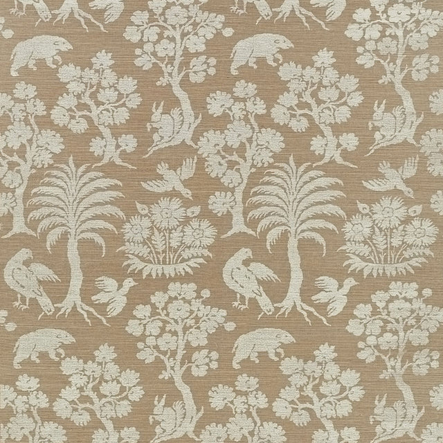 Woodland Silhouette Sisal wallpaper in mocha, featuring a hand screen printed pattern of animals and trees on a textured background.