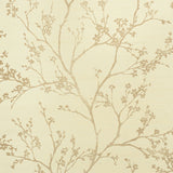 Twiggy Sisal wallpaper in gold on ivory, featuring delicate flowering branches on a textured background, styled in a serene bedroom setting.