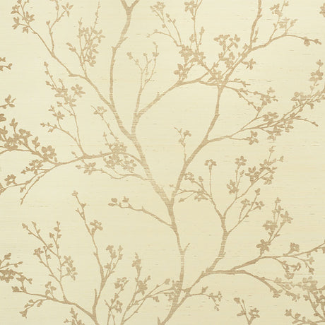 Twiggy Sisal wallpaper in gold on ivory, featuring delicate flowering branches on a textured background, styled in a serene bedroom setting.