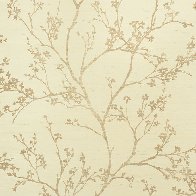 Twiggy Sisal wallpaper in gold on ivory, featuring delicate flowering branches on a textured background, styled in a serene bedroom setting.