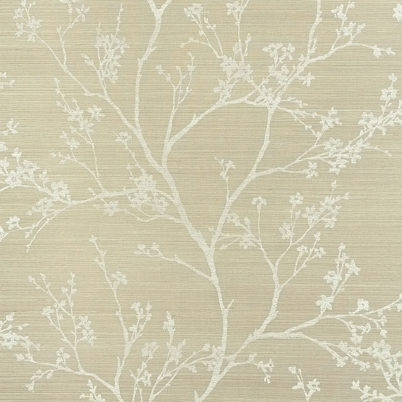 Twiggy Sisal wallpaper in Fog by Schumacher, featuring delicate flowering branches on a textured background.